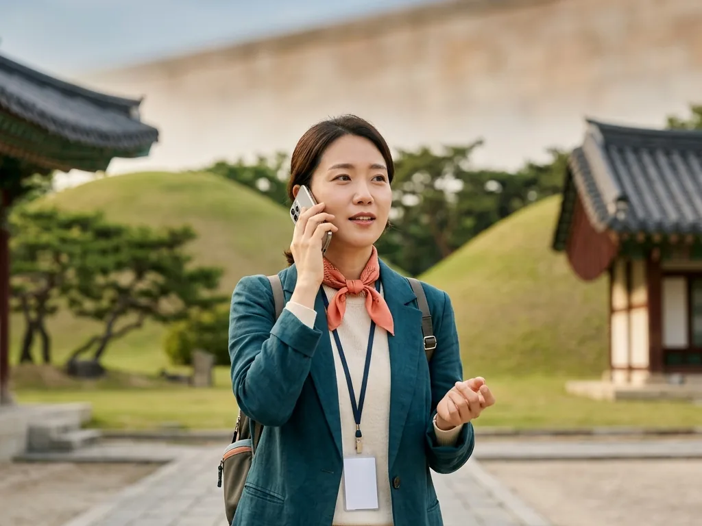 경북 성인 영어회화 — 한옥과 고분을 배경으로 전화영어를 연습하는 관광 가이드