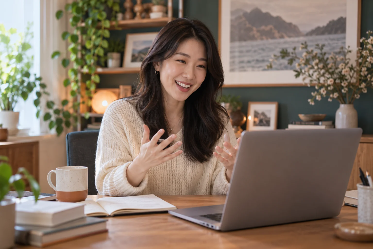 입트임 소개 — 홈오피스에서 웃으며 화상 수업을 진행하는 코치