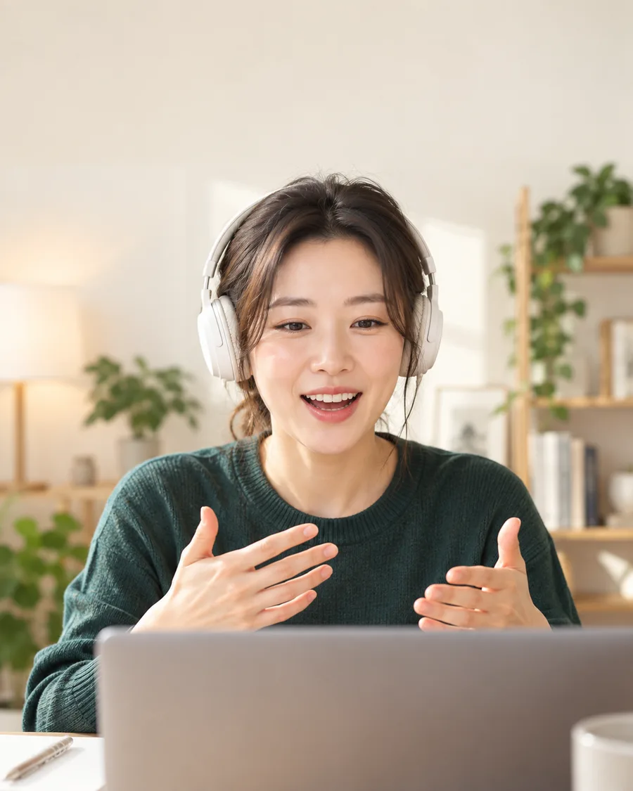 기초 영어회화 — 헤드셋을 끼고 화상영어 수업에서 말하는 학습자