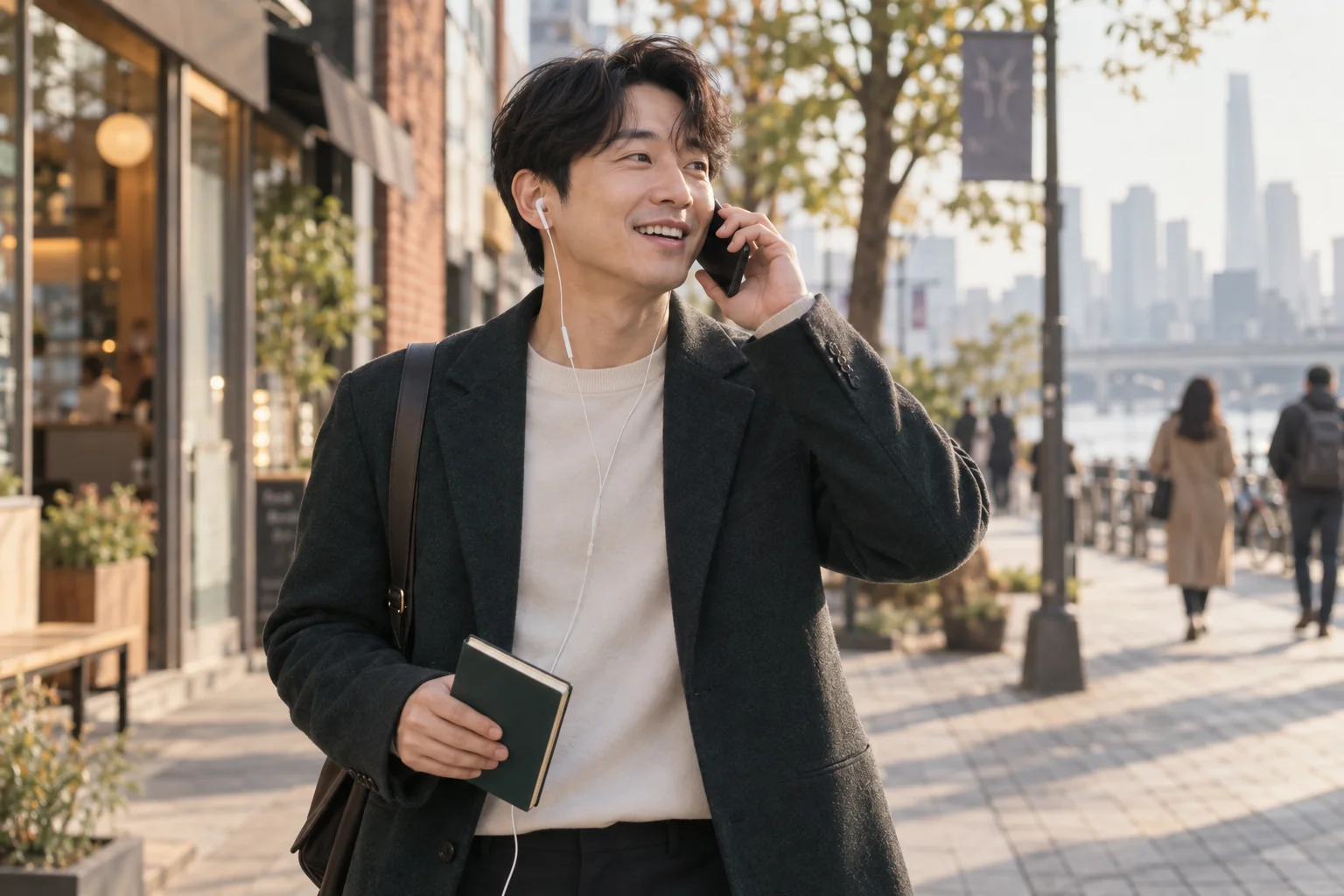 전화영어추천 — 이어폰을 끼고 전화영어 수업을 듣는 직장인