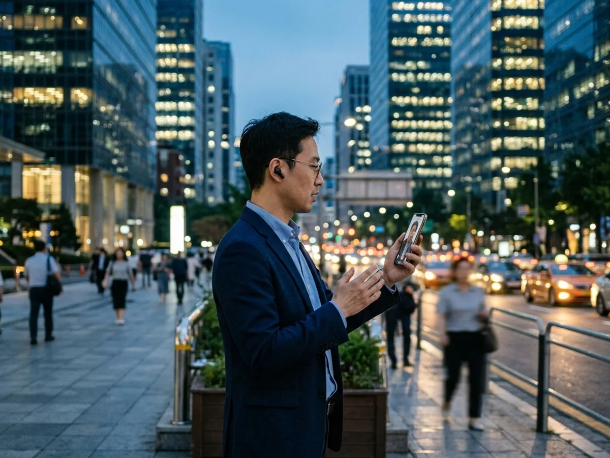노원구 성인 영어회화 — 이어폰을 끼고 영어로 말하기 연습을 하는 학습자
