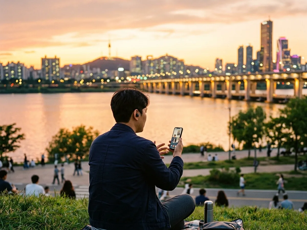 서초구 성인 영어회화 — 이어폰을 끼고 영어로 말하기 연습을 하는 학습자
