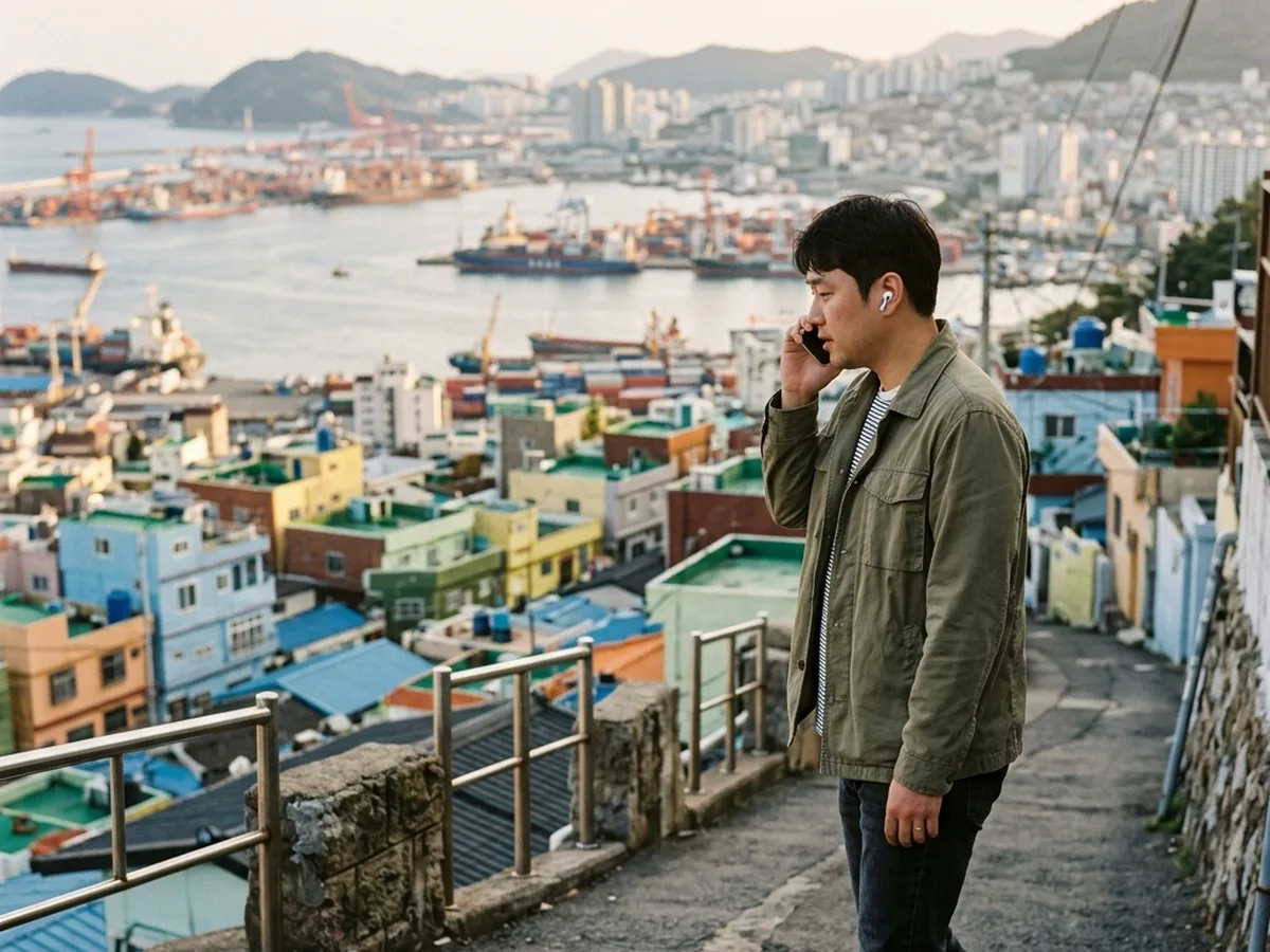 부산동구 성인 영어회화 — 이어폰을 끼고 영어로 말하기 연습을 하는 학습자