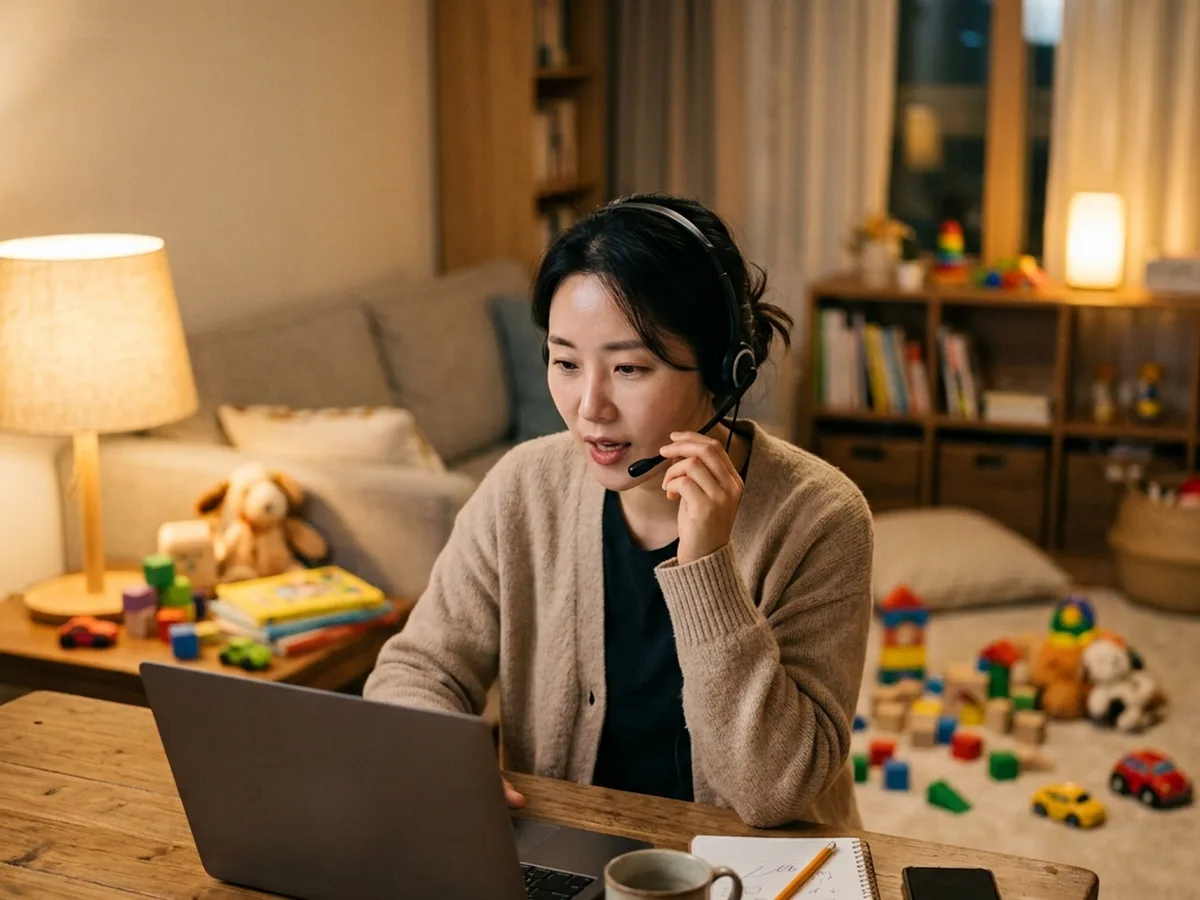 안성 성인 영어회화 — 이어폰을 끼고 영어로 말하기 연습을 하는 학습자