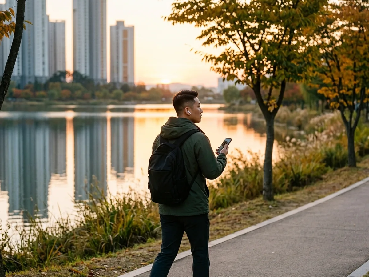 수원 성인 영어회화 — 이어폰을 끼고 영어로 말하기 연습을 하는 학습자