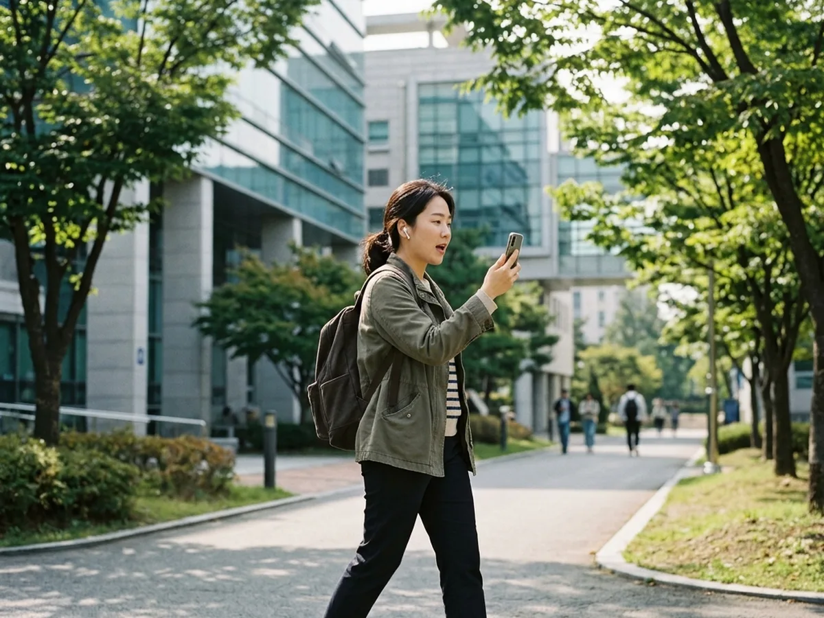 대덕구 성인 영어회화 — 이어폰을 끼고 영어로 말하기 연습을 하는 학습자