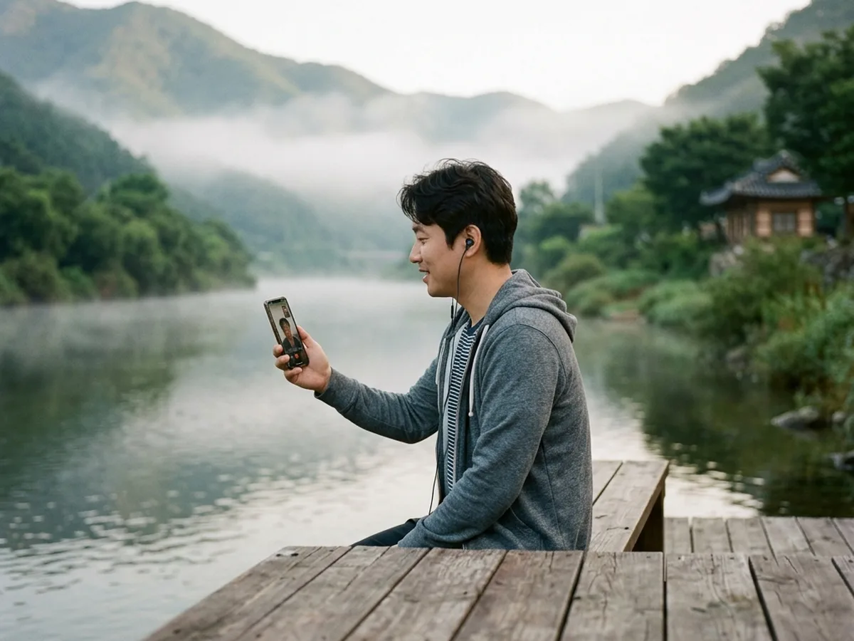 여주 성인 영어회화 — 이어폰을 끼고 영어로 말하기 연습을 하는 학습자