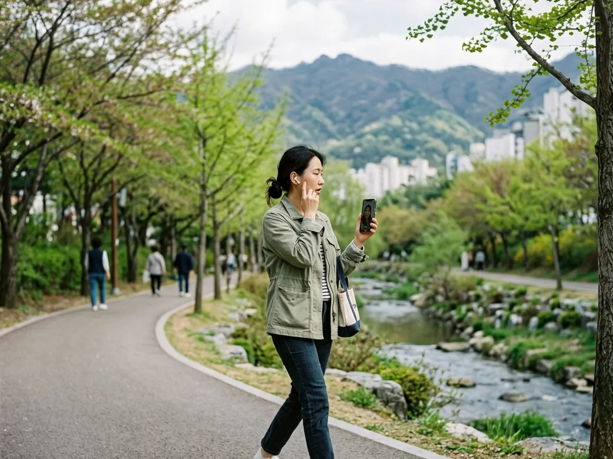 안양 성인 영어회화 — 이어폰을 끼고 영어로 말하기 연습을 하는 학습자