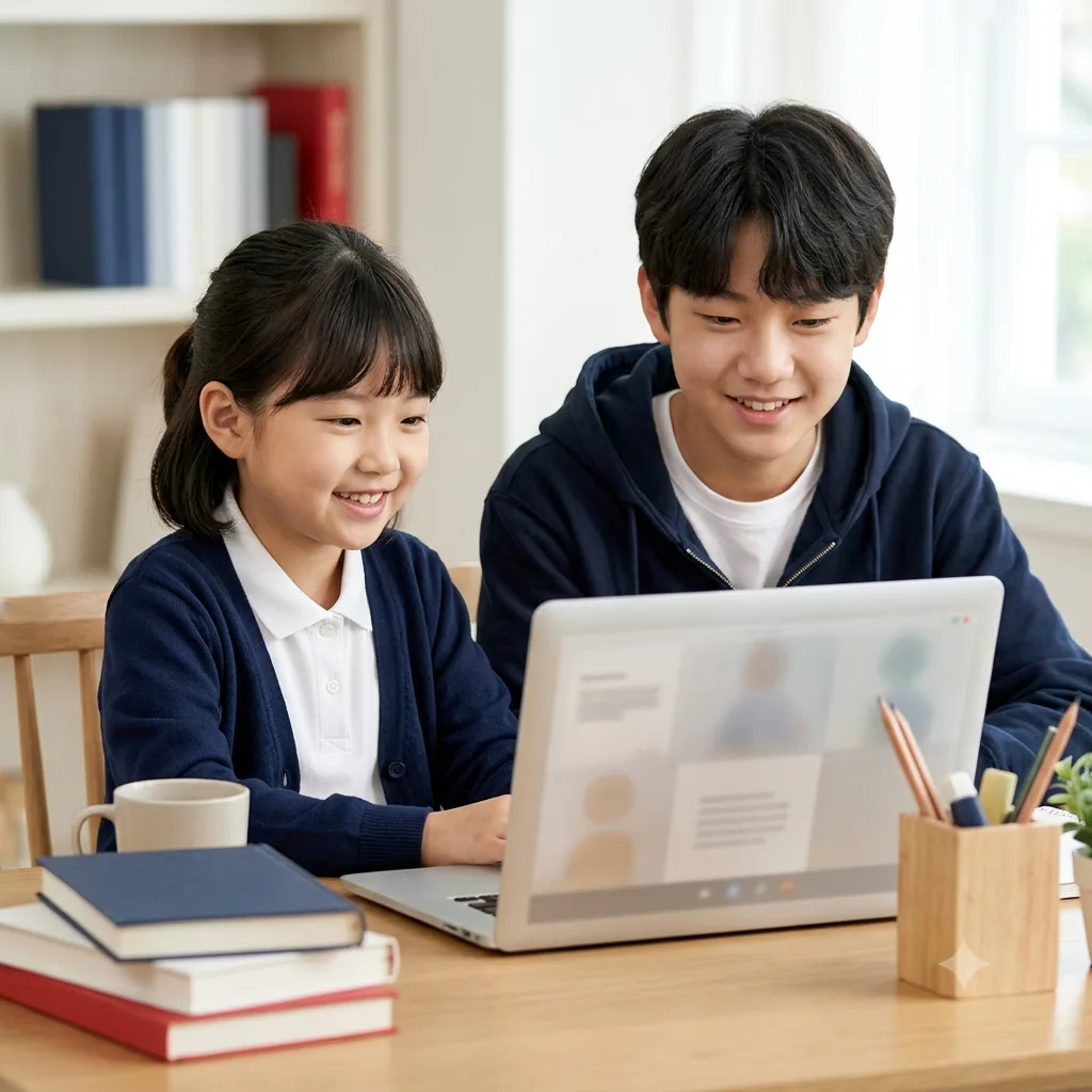 중학생 고등학생 영어회화 — 초등학생과 중학생이 나란히 앉아 노트북으로 영어 수업을 듣는 모습