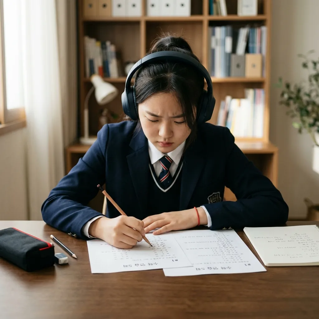 수능 영어 듣기 — 헤드폰을 쓰고 책상에서 받아쓰기를 하는 교복 차림의 고등학생