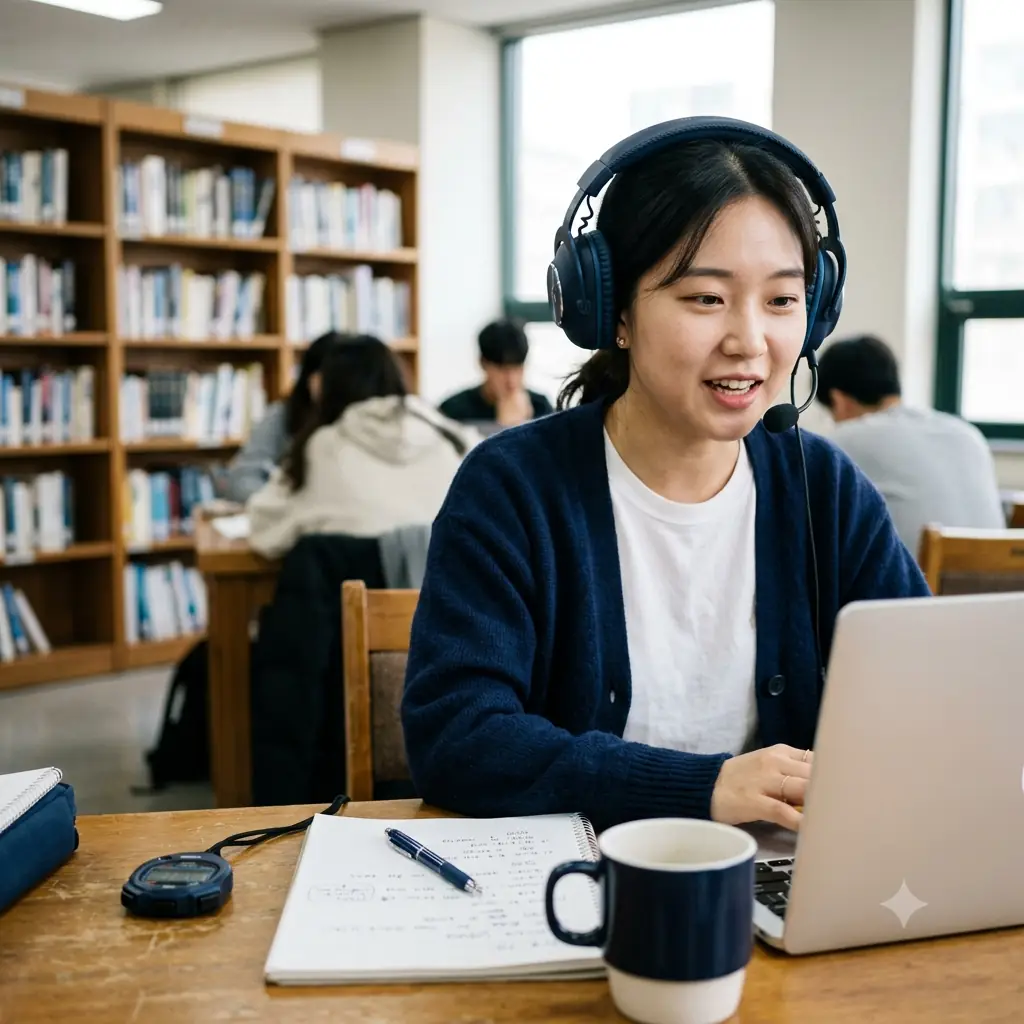토플 스피킹 — 도서관에서 헤드셋을 쓰고 토플 스피킹 답변을 연습하는 학생