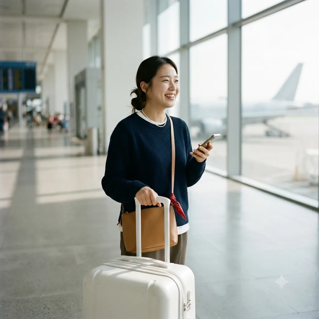 여행 영어회화 — 공항 출국장에서 캐리어를 끌며 스마트폰으로 대화하는 여행자